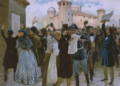 トリノのパラッツォレアーレの前の1848年3月4日の国民投票の結果の宣言、19世紀後半のチョコレートタルモーネのために作られたリソルジメントの歴史に関するアルバムのイラスト 作： Italian School