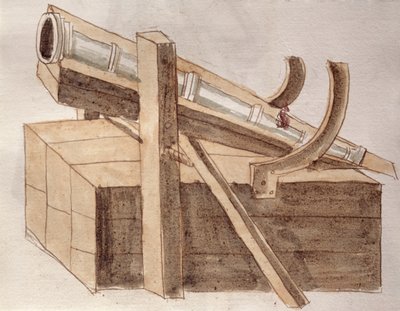 大砲のプロジェクト、Roberto Valturio (1405-75) 1470 作「De re Militari」のイラスト (紙にペンとインクと水彩) 作： Italian School