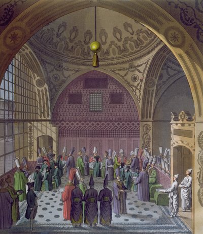 コンスタンティノープルのスルタンの大宰相による西側大使の歓迎、1820年頃（カラー彫刻） 作： Italian School