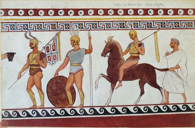 ギリシャの歩兵と騎兵を描いたパエストゥムの墓壁画の復元（186246、119488、444298も参照） 作： Italian School
