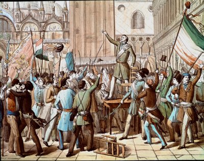 1848年にオーストリアのプレゼンスに対抗してヴェネツィア革命を主導した政治家、ダニエレ・マニン（1808-1857）のリプレゼンテーション：1848年3月のヴェネツィア共和国の宣言。(Proclamation of the Venitian Republic in March 1848, with a representatio 作： Italian School