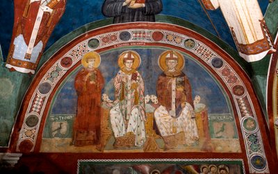 キリスト教殉教者聖ステファノ、カンタベリー大司教聖トマス・ベケット（1118-1170）、マイラまたはバリの聖ニコラス（270-345）の表現 無名のフレスコ画（13世紀） 下部教会。聖ベネデット修道院（サクロ・スペコ）、スビアコ（ローマ 作： Italian School