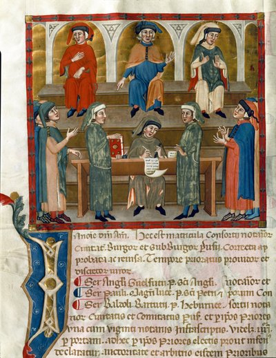 公証人研究室の表現 Matricola del Consorzio dei Notai di Perugia (ms. 972) (公証人団の登録簿) 1343-1354 Perugia, Biblioteca Comunale Augusta より引用。 作： Italian School