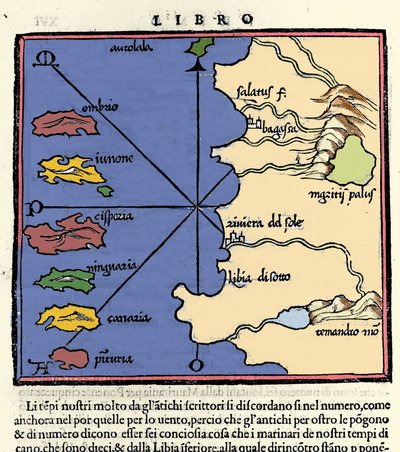 カナリア諸島の表現。ベネデット・ボルドーネによるIsolario（島々の地図）。ベニス 1547年 作： Italian School