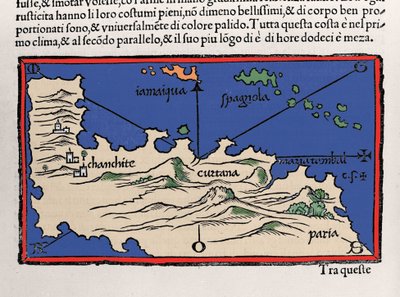 カリブ海の島々とベネズエラの海岸線を表現。ベネデット・ボルドーネ作「Isolario（島々の地図）」。ベニス 1547年 作： Italian School