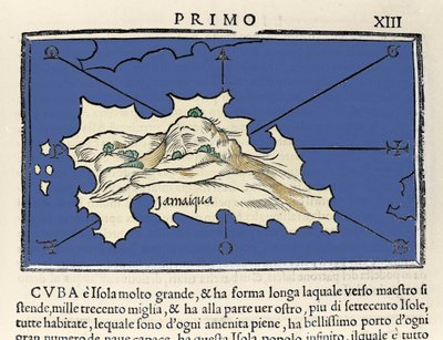 ジャマイカ島の表現。ベネデット・ボルドーネ作「Isolario（島々の地図）」。ベニス 1547年 作： Italian School