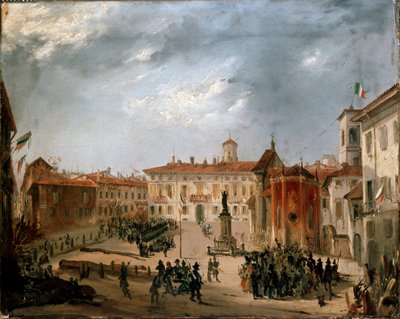 1848年の革命、ミラノの5日間。3月20日、ボロメオ広場のオーストリア人囚人（絵画 作： Italian School