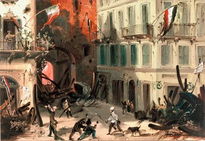 1848年の革命、ミラノの5日間：3月22日のプステラ・ベアトリーチェ門付近のバリケード（絵画 作： Italian School