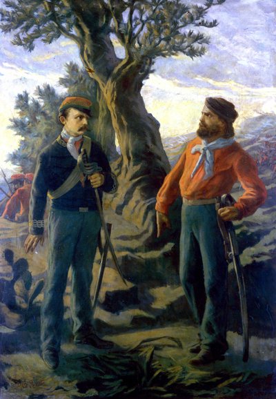 リソルジメント。1860年5月15日、シチリア島のカラタフィミの戦いで、ニーノ・ビクシオ（1821-1873）と呼ばれるジェロラモ・ビクシオと、ジュゼッペ・ガリバルディ（1807-1882）。ガリバルディは、撤退を提案するビクシオに宣言する。"ビクシオは何を言うのだ？ここで我々はイタリアを建設するか 作： Italian School