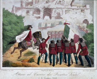 リソルジメント、ローマ共和国（Repubblica romana）：1849年3月6日、ローマのクアトロ・ヴェンティの別荘を奪還しようとするジュゼッペ・ガリバルディ軍の兵士たち（馬に乗って）。石版画 ローマ リソルジメント博物館（Museo Nazionale del Risorgimento 作： Italian School