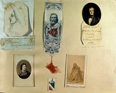 Risorgimento：イタリアの愛国者ジュゼッペ・ガリバルディ（1807-1882）をテーマにしたコラージュボード。ローマ、リソルジメント博物館 作： Italian School