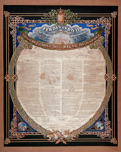 リソルジメント：2つのシチリア王フェルディナンド2世（1810-1859）が1847年に公布した憲法のこと。ナポリ、サンマルティーノ国立博物館 イタリア 作： Italian School