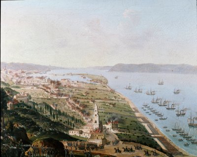 リソルジメント：1848年8月にメッシーナ（シチリア）で行われたフェルディナンド2世 delle Due Sicilie（2つのシチリアのフェルディナンド2世）の反乱後のシチリアを取り戻すためのバーボン・アーミエです。匿名の絵画。ナポリ・サンマルティーノ美術館 作： Italian School