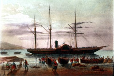 リソルジメント：1860年8月8日、ジュゼッペ・ガリバルディ（1807-1882）軍の将校、ジュゼッペ・ミッソーリがメッシーナのデトロイトでヴィラ・サン・ジョヴァンニの砦に向かって出発した。19世紀のイラスト 作： Italian School