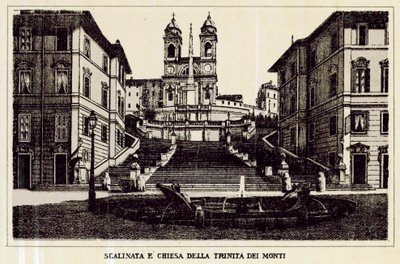 ローマ：スペイン階段とトリニタ・デイ・モンティ教会（リトグラフ 作： Italian School