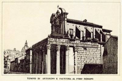 ローマ：フォロ・ロマーノにあるアントニヌスとファウスティナの神殿（リトグラフ 作： Italian School