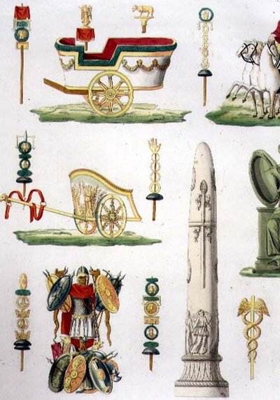 ローマの戦車、トロフィー、軍事モニュメント、「諸国民の歴史」第1部第5級プレート20の詳細、マルコ・コミラート（1800年頃～69年）の彫刻（アクアチント）（93291も参照） 作： Italian School