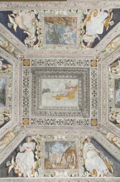ジュノの部屋：夫の裏切りを見て2つの孔雀に引っ張られた戦車のジュノ 作： Italian School