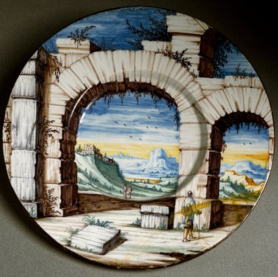 廃墟と風景。イタリア・アンガラーノで制作された陶板。1650年頃 フィレンツェ、バルジェッロ美術館 作： Italian School
