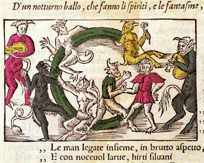 魔女たちとの安息日の儀式。スウェーデンの宗教家・地理学者であるオラウス・マグヌス（1490～1557）の版画「Historia de Gentis Septentrionalibus」（ヴェネツィア）。 作： Italian School