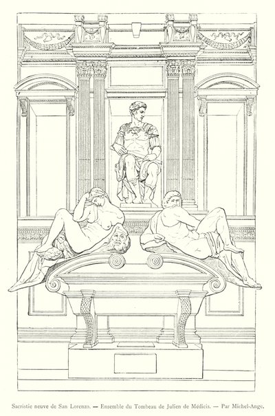 サン・ロレンツォの新聖具室、ジュリアーノ・デイ・メディチの墓、ミケランジェロ作（エングレーヴィング 作： Italian School