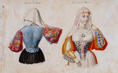 ビッティとオシーニのサルデーニャ人の衣装、プリントms.257、コミノッティ・コレクション 作： Italian School