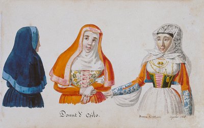オシロとミリスのサルデーニャ人の衣装、プリントms.258、ルゼッティ・コレクション 作： Italian School