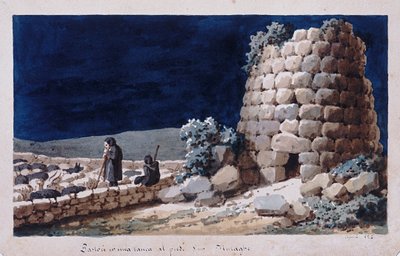 ヌラーゲの近くにいるサルデーニャの羊飼いたち、プリントms.257、コミノッティ・コレクション、1825年頃 作： Italian School