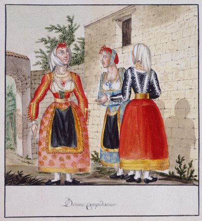 カンピダーノの衣装を着たサルデーニャの女性たち（ルッツェッティ・コレクション、プリント ms.258 作： Italian School