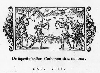 1555年にローマで出版されたOlaus Magnus（1490-1557）によるヒストリアデゲンチバスセプテントリオナリバスからの矢を使って雷を追い払うスカンジナビア人 作： Italian School