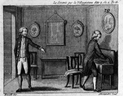 カルロ・ゴルドーニ(1707-1793)の喜劇作品「La smania per la villeggiatura」(La ville)(1761)の第1幕第1場。18世紀のエングレーヴィング。 作： Italian School