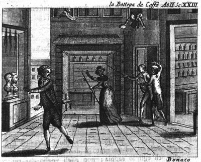 カルロ・ゴルドーニ（1707-1793）の喜劇作品「カフェの瓶詰め」（1750年）第2幕の第23場：ゲームのテーブル。18世紀のエングレーヴィング 作： Italian School