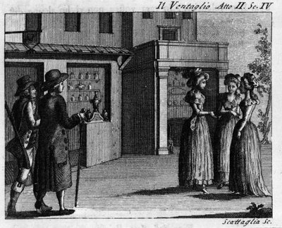 カルロ・ゴルドーニ（1707-1793）の喜劇作品「Il ventaglio」（1764年）の第2幕第4場。18世紀のエングレーヴィング 作： Italian School