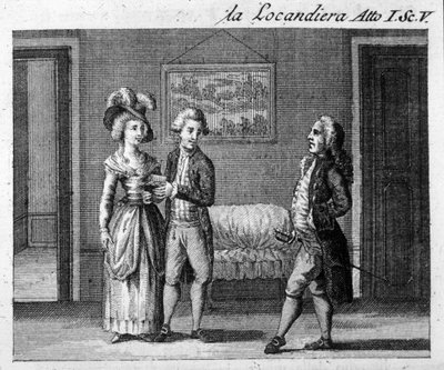 カルロ・ゴルドーニ（1707-1793）の作品「La locandiera」（1753年）の第1幕第5場。18世紀のエングレーヴィング 作： Italian School
