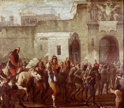 マサニエッロの時代の盗賊の処罰場面（マサニエッロの時代の盗賊の処罰場面） 1640年～1650年頃の絵画の詳細 ナポリ、サンマルティーノ国立美術館 作： Italian School