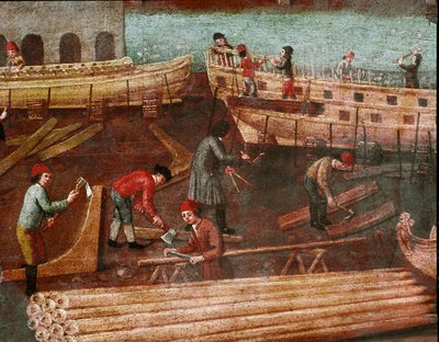 ヴェネツィア工廠の造船所 詳細 - ヴェネツィア派の絵画 - 18世紀 - ヴェネツィア、コッレール美術館 作： Italian School
