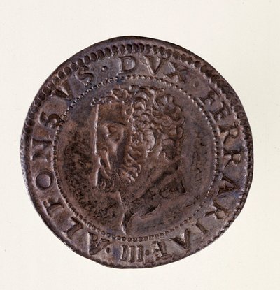 フェラーラ（Ferrara）の銀貨（テストーネ）：公爵アルフォンソ2世デステ（アルフォンス2世エステンセ）の時代（1559-1597年）。直径2.7cm ローマ、イタリア国立博物館 作： Italian School