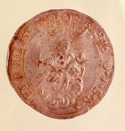 ジェノバ共和国（Genes）の銀貨で、イエスの子を抱いた処女マリアが描かれています。1670.直径5.8cm ナポリ アルケオロジー博物館 作： Italian School
