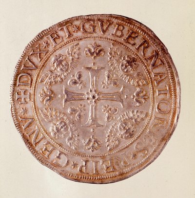 ジェノバ共和国（Genes）の銀貨で、十字架が描かれています。1670.直径5.8cm ナポリ、ムゼオ・アルケオロジコ 作： Italian School