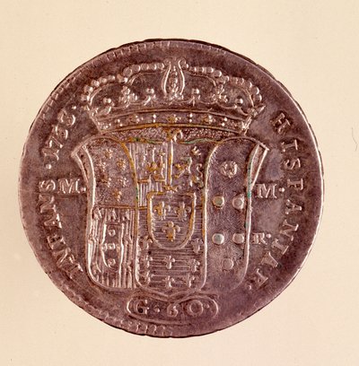 ナポリの銀製ピアストラ：スペインのカルロ3世（シャルル3世）の時代（1716～1788年）。1750.直径4cm ナポリ、考古学博物館 作： Italian School