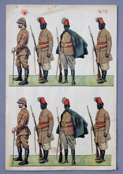 アスカリの軍服を着た兵士たち、切り絵の兵士たち、金彩リトグラフプリント、ステラ社製、イタリア、20世紀 作： イタリア語学校