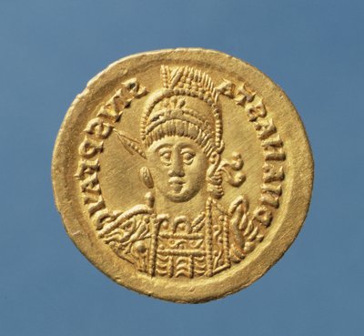 テオドリックI（AD 471-AD 526）によって鋳造されたSolidus（表側）アナスタシアのビザンチン皇帝（AD 491-AD 518）（金）の固相線をコピーするイタリアの大帝国の王碑文：DN ANASTASIVS PF AVG 作： Italian School
