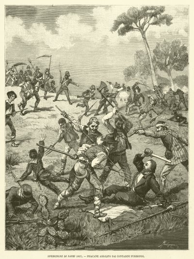 サプリ遠征（1857年）、猛烈な農民に襲われるピサカネ（版画 作： Italian School