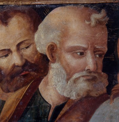 聖ペテロ、聖母子と聖母との聖母子を描いた祭壇画の詳細、1540（パネル上のテンペラ） 作： Italian School