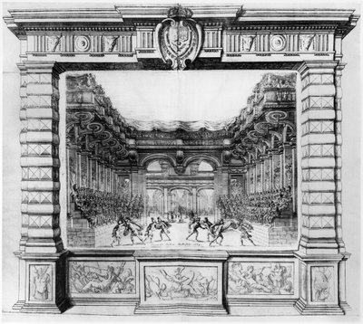 1654年にパリのプティブルボン劇場で1645年に行われたラフィンタパッツァのためのジャコモトレリ（1608-78）によるステージデザイン 作： Italian School