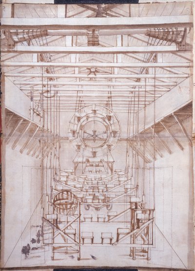 1675年、ヴェネツィアのサンサルヴァトーレ劇場のオペラの舞台装置（紙にペンとインクで洗う） 作： Italian School