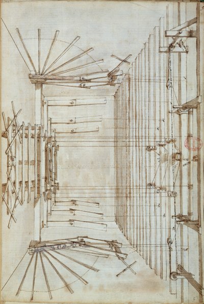 1675年、ヴェネツィアのサンサルヴァトーレ劇場のオペラの舞台装置（紙にペンとインクで洗う） 作： Italian School