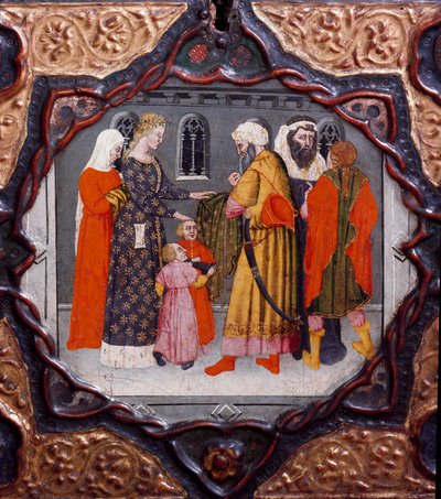 10 日目、9 番目のニュース: メッサー トレッロとサラディン (1138-1193) の日 (Salah al Din Yusuf al-Ayyubi (al Ayyubi)。ジョヴァンニ ボッカッチョ (ジャン ボッカッチョ) (1313-1375) による「デカメロン」を示す塗装ボックス15 世紀のフィレンツェ、国立馬術博物館 作： Italian School