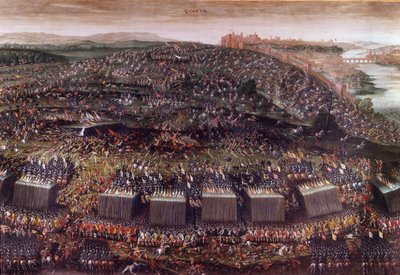 三十年戦争（ドイツ1620年）の中で、フリードリヒ5世に導かれたボヘミアが神聖同盟に対抗した「白山の戦い」。油彩。ローマ、勝利の聖マリア教会。 作： Italian School