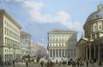 ミラノとその周辺の景色から見た市庁舎とサンカルロ広場 作： Italian School